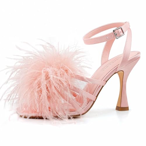 BCTEX COLL Womens Heeled Sandals Fluffy Feather Square Open Toe Ankle Strap Sexy Stiletto High Heels for Wedding Party Dance Evening Pink Size 8