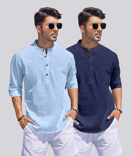 Image of Men's Cotton Blend Straight Kurta Shirt Combo with Mandarin Collar - Slim Fit Casual Short Kurti Set Featuring Textured Slub Fabric and Roll-Up Full Sleeves