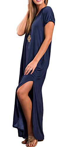 GRECERELLE Women's Casual Loose Pocket Long Dre   ss Short Sleeve Split Maxi Dress Navy Blue Medium