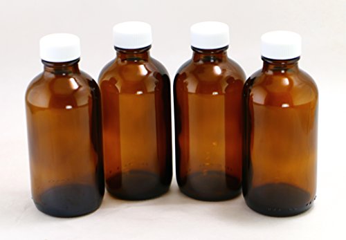 4 Oz Amber Glass Bottles w/ Foil Lined Caps - Great for Essential Oil Blends - Boston Round - Protect Contents From Uv Rays - 22-400 Size Caps - Set of 4