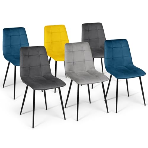 IDMarket - Lot de 6 chaises Mila en Velours Mix Color Bleu x2, Gris foncé x2, Gris Clair, Jaune