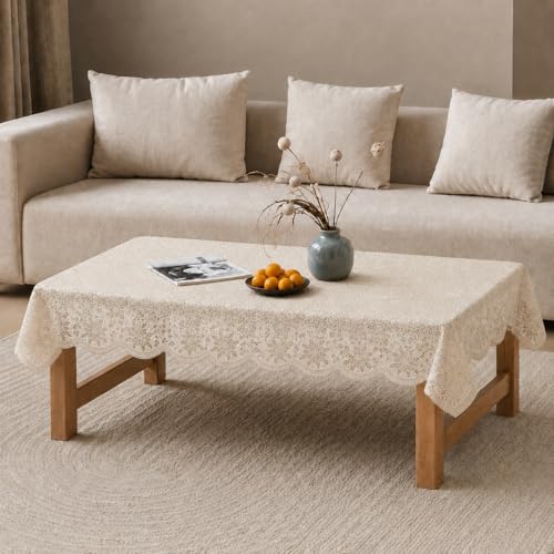 Image of Cotton Net Embroidered Center & Dining Table Cover for 4 Seater | Rectangular 40x60 Inch | Lightweight & Washable Table Cloth | Pack of 1 (Cream)