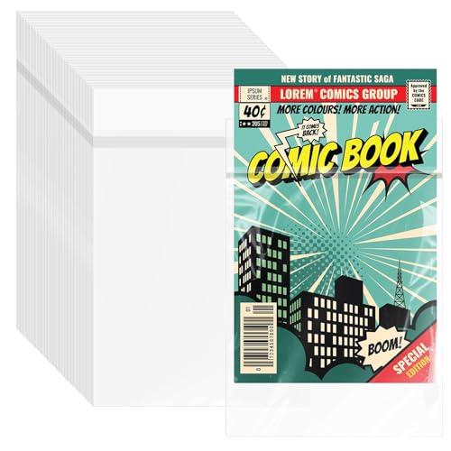 VOKOY 100 Pack Resealable Current Size Comic Book Bags Crystal Clear Self Sealing Comic Sleeves Storage Protection for Regular Comics Magazine Storage 7.2 X 10.6 Inches