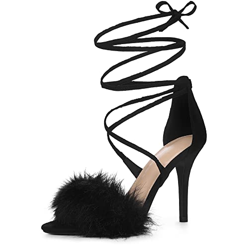 Allegra K Women's Faux Fur Stiletto Heel Lace Up Heels Sandals