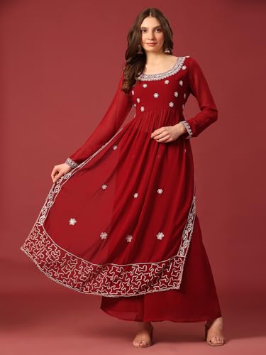 Image of PH POSHAKHUB Women A-Line Nyra Cut Kurta with Sharara in Georgette with Aari Work
