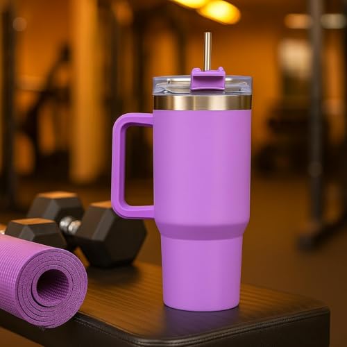 Image of Double Wall Insulated Stainless Steel Tumbler with Handle 1200ml | Travel Mug with Steel Straw| Hot & Cold Beverage Flask | Easy Carry Home, Office, Gym (Purple)
