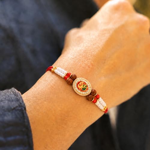 Image of Peora Rakhshabandhan Thread Rakhi for Brother Bhaiya | Crystals & Kundan Studded | Combo, Set of 3 | Rakhi Hamper with Roli Chawal & Greeting Card