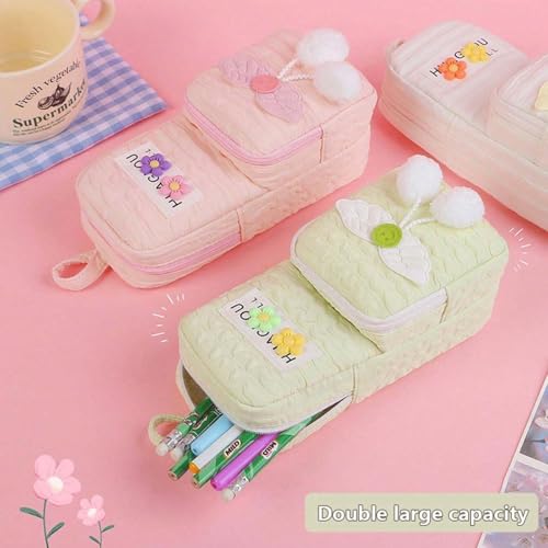 Image of Invite Enterprise Two Layer Aesthetic Pencil Pouch with Plush Ball Decoration for Girls, Smooth Zipper Cute Stationary School Pouches for Kids, Large Capacity Pencil Box for Boys (White-HUAGNOU)