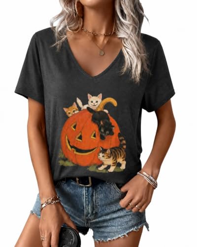essential cocoon Women's Halloween Jack O Lantern Graphic V Neck Tee,M