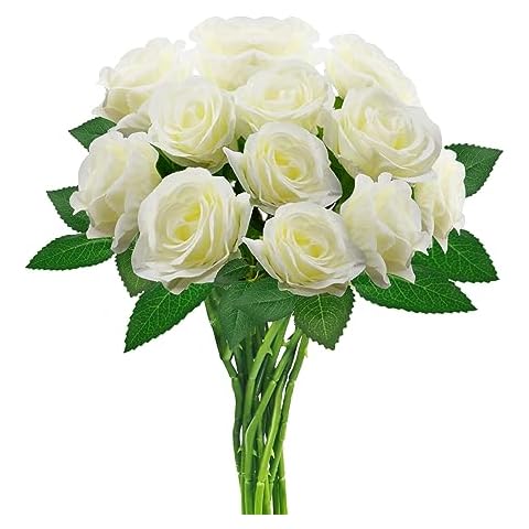 hailanbao White Artificial Roses with Long Stems, 12Pcs Realistic Roses Artificial Flowers, Faux Roses | Bulk Fake Flowers for Home Decor, Wedding Party Table Centerpieces, DIY Bouquet Cover