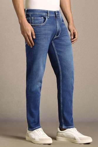 Image of Louis Philippe Men's Slim Fit Stretch Fabric for Comfort Authentic Twill and Durable Ankle Length Cropped Jeans