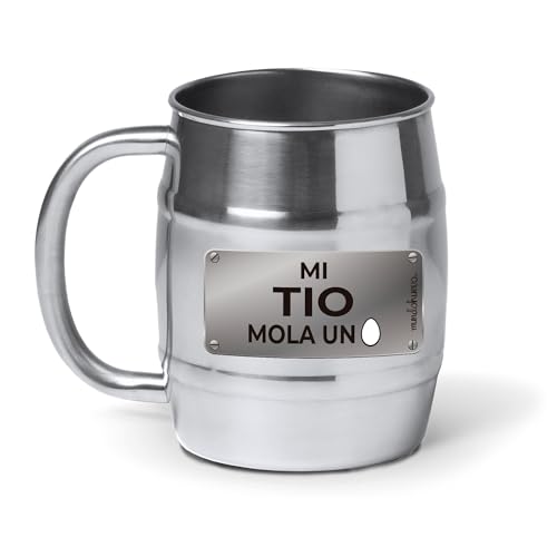 mundohuevo® Caneca de cerveja personalizada em aço inoxidável 304 | Presente original para tios | Meu tio mola um ovo | cor prateada aparência barril | Capacidade 500 ml.