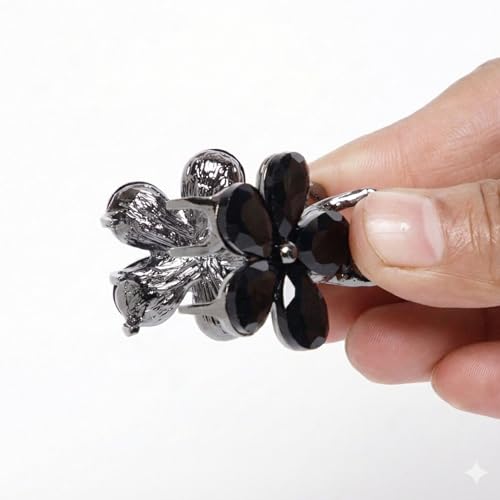 Image of Radhu & Kabby Crystal Flower Hair Claw Clip Pack | Black, Silver & Gold Metal Claw Clips for Women | Strong Grip Stylish Diamond-Cut Stone Floral Hair Accessories | Pack of 3