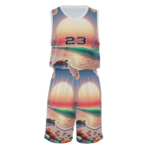 FLildon Beach Sunrise Tropical Flowers Boys Basketball Jersey Set Tank Top Shorts Tracksuit Sport Training Suit for Kids, XL