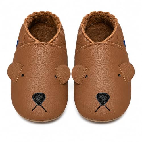 YIHAKIDS Baby Soft Leather Moccasins(Bear Brown,6-12 Months)