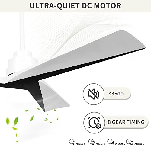 Wofifly 52" Wood Ceiling Fan No Light, Outdoor Indoor Ceiling Fans Without Light, Modern Black And White Ceiling Fans With Remote, Quiet Dc Motor 6 Speeds 8H Timer For Farmhouse Patio Yard #TOP4
