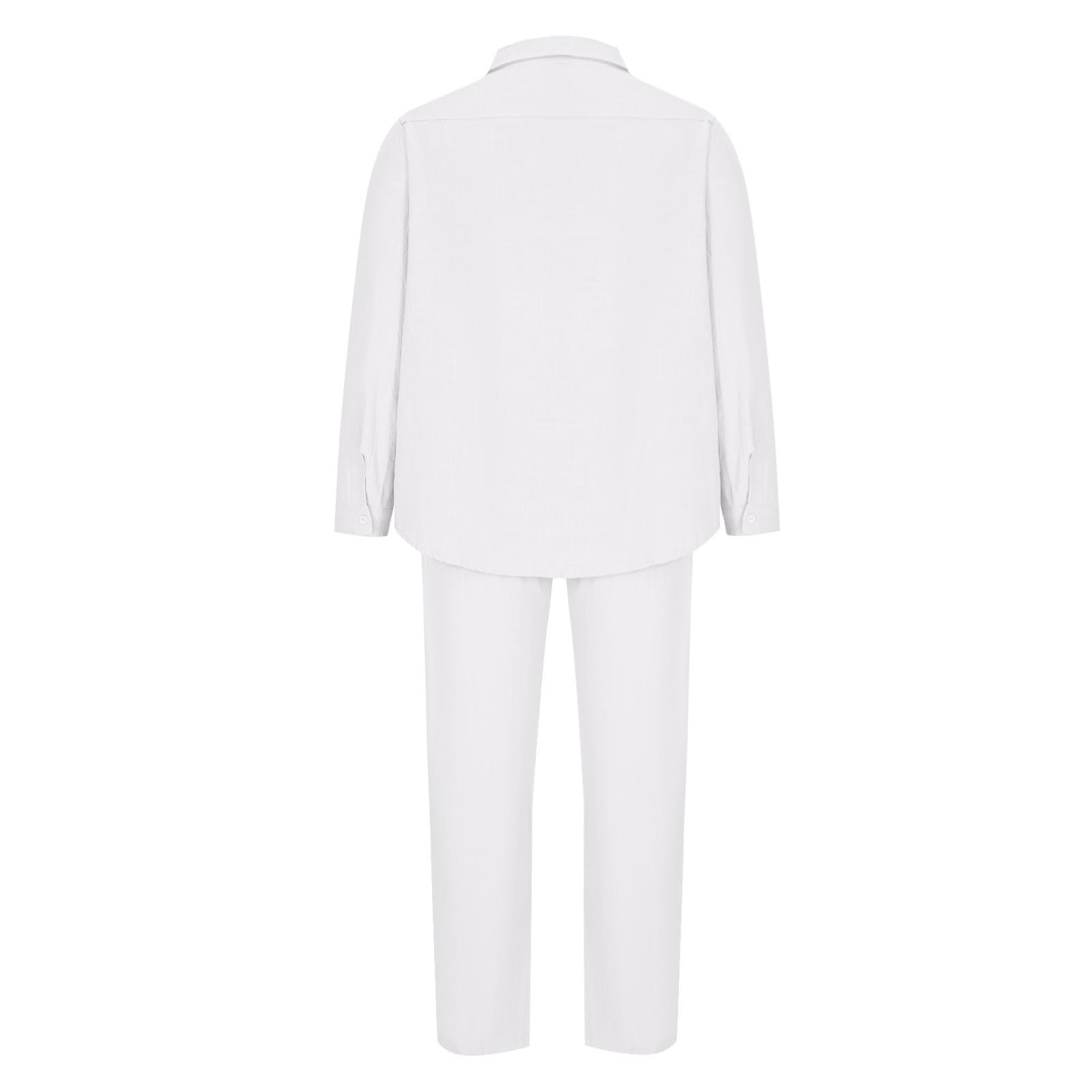 Conjunto de 2 piezas de lino casual para hombre, camisas de manga larga con botones y pantalones de pierna recta