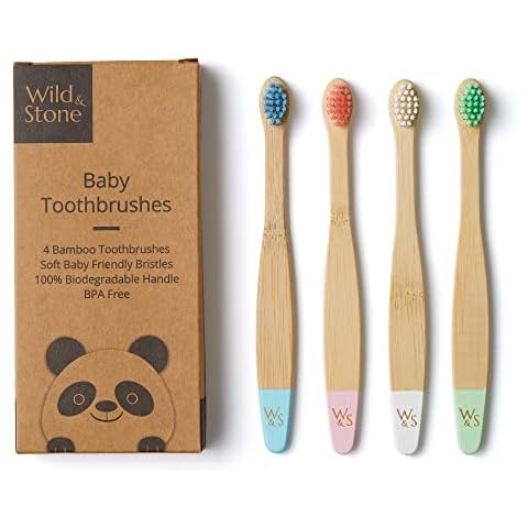 Wild & Stone Organic Baby Bamboo Toothbrushes | 4 Pack | Soft Bristles | 100% Compostable Handle | BPA Free | Vegan Baby Toothbrushes (Multicolour) Cover