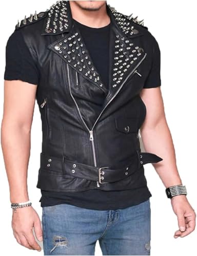 Chaleco de cuero para hombre Punk Rock Stud | Chaqueta de piel ajustada estilo Brando para motocicleta, Negro - Sintético, 4XL