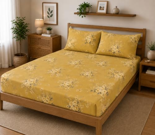 Image of Fitted Bedsheet Yellow Golden Floral Print Glace Cotton 210 TC | King Size for Double Bed Fits 6 x 6.5 ft Mattress (72 x 78 Inch) | All Around Elastic | 2 Pillow Covers | 10 Inch Deep Pocket