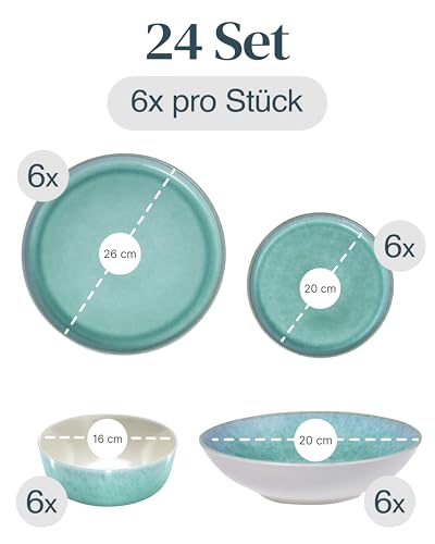 Steingut Geschirrset 6 Personen Ibiza 24 tlg. TESTSIEGER, Traumhaftes Mediterranes Steingut Geschirr Set, Schüssel- und Teller Set, Tafelservice 6 Personen, Geschirrsets Pure Living in Türkis