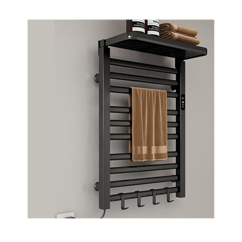 Tendedero calefaccionado de Pared con Temporizador, para baño, de Aluminio, con Control de Temperatura y Estante Superior, Color Negro, con Enchufe a la Izquierda.