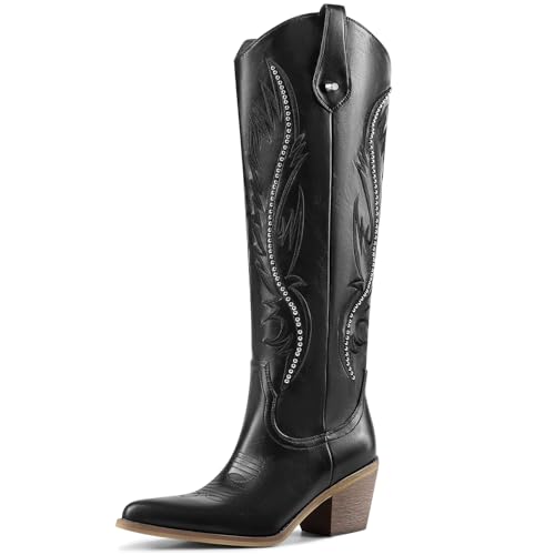 RONILURN Knee High Cowboy Boots Women Studded Embroidered Cowgirl Boots