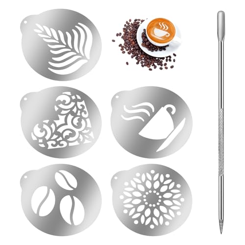 Guduling 6 Stück Latte Art Stift, Kaffee Schablonen, Kaffeeschablone aus Edelstahl, Coffee Art Pen Set für Cappuccino, heiße Schokolade und Kuchendekoration zum Zuhause oder Café (Silber)