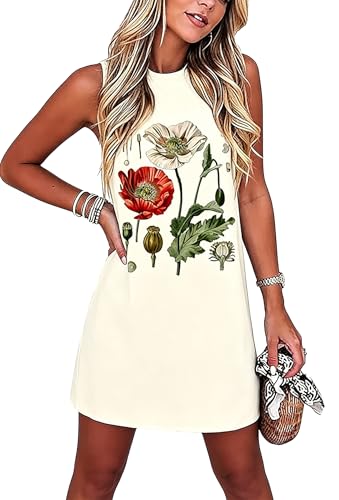 Image of Sun Salt Sand Coconut Tree Tank Mini Dress for Women Sleeveless Beach Praty Shirts Summer Vacation Short Mini Dresses