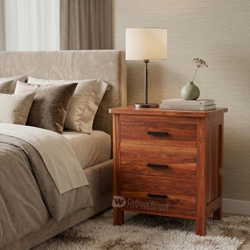 Image of DRIFTINGWOOD Roovi Solid Sheesham Wood Bedside Table with 3 Drawers | Wooden Nightstand /Side Table for Bedroom & Living Room (Honey Finish)