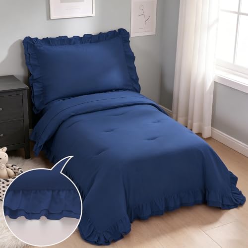 Image of Toddler Bedding Sets for Boys, 4 Piece Double Ruffles Soft and Breathable Toddler Comforter Set for Boys, Includes Quilted Comforter, Fitted Sheet, Flat Sheet and Pillowcase, Navy Blue