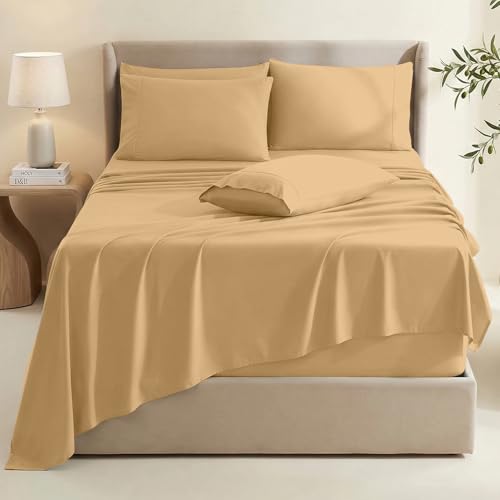 Image of Hearth & Harbor Extra Deep Pocket Queen Sheets Sets - Fits Mattress 18-24 Inches Deep - Extra Deep Pocket Sheets - 6 Piece Queen Size - Camel