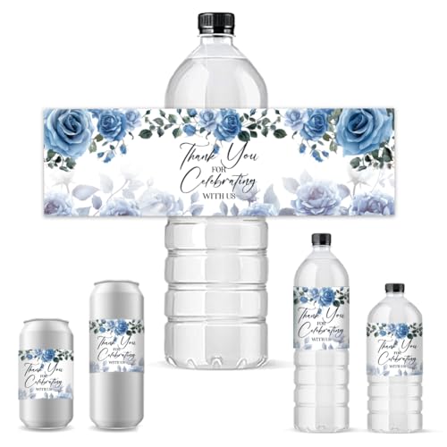 PH PandaHall 30pcs Water Bottle Labels Blue Roses Thank You Stickers for Wedding Bottel Wraps for Shower Celebration Self Adhesive Bottle Labels for Birthday 8.5x2.5 inches