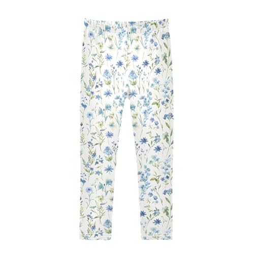 senya Girls Printed Leggings Yoga Pants Blue Watercolor Wildflower for Kids in 4t to 10 Years, 4T