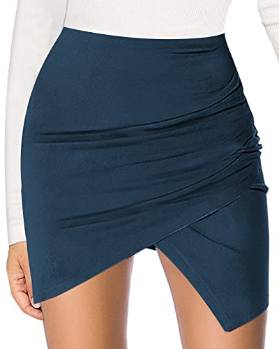 Image of MANGOPOP Women's Asymmetric Basic High Waist A-line Mini Pencil Skirt (A3 Navy Blue （Asymmetrical）, Medium)