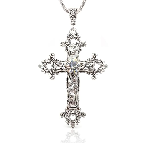 Gothic Cross Necklace Silver-Tone Pendant with Clear Glass Stone, on