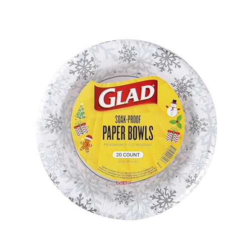 Glad Round Disposable Paper Bowls, Holiday Grey Snowflake Design - Heavy Duty, Soak Proof, Cut-Resistant, Microwavable Bowl for All Foods & Daily Use, 12 Oz, 20 Count