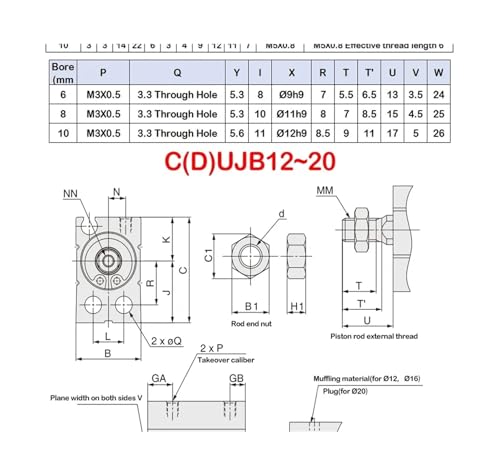 Cilindro neumático de 20 mm con émbolo magnético CDUJB de carrera variable 5
