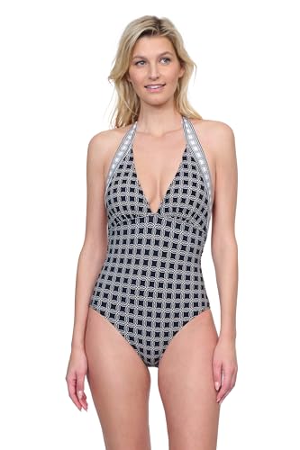 Gottex Golden Chic Women Solid Black V-Neck Halter One Piece Swimsuit with Removable Soft Cups Front and Back Lining Low Back