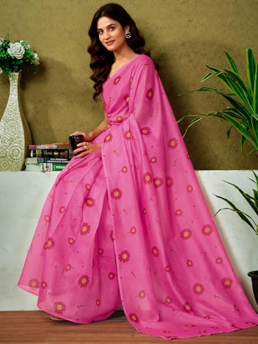 Image of Satrani Women's Chanderi Cotton Printed Ready To Wear One Minute Pre Pleated Readymade Saree with Unstitched Blouse Piece
