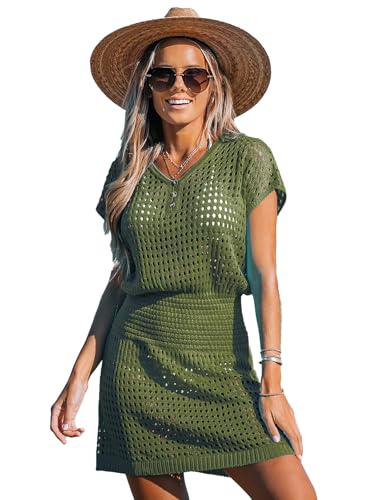 Image of CUPSHE Women Crochet Swim Cover Up Short Sleeve V Neck Bathing Suit Beach Dress Summer Swimwear Coverups