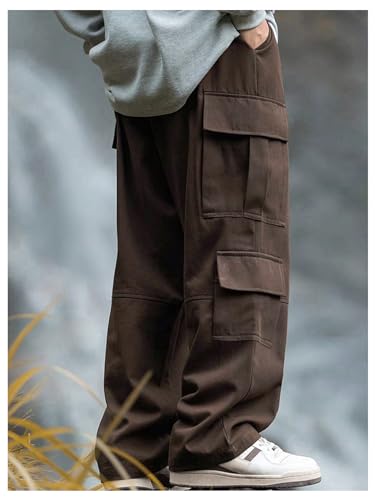 Men's Wide Leg Cargo Pants Drawstring Flap Pockets Hip Hop Baggy Track Pants Streetwear3