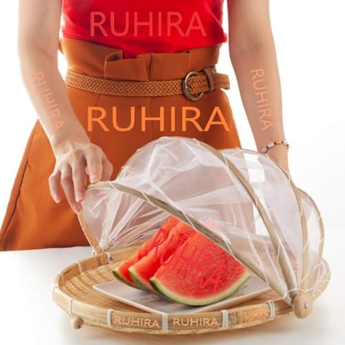 Image of Multipurpose Bamboo Storage Basket with Mesh Net Cover, Food Serving Tent Tray, Fly Proof Fruit Vegetable Bread Organizer, Picnic Outdoor Kitchen Countertop Use | Pack Of 1