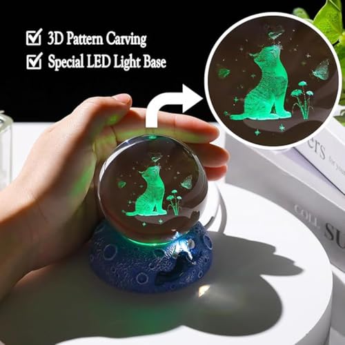 Image of 16 Color Led 3D Crystal Ball Lamp -Hand Cat Night Light, 3D Cat Crystal Ball With Butterfly, Crystal Laser Engraved Bedroom Decorative