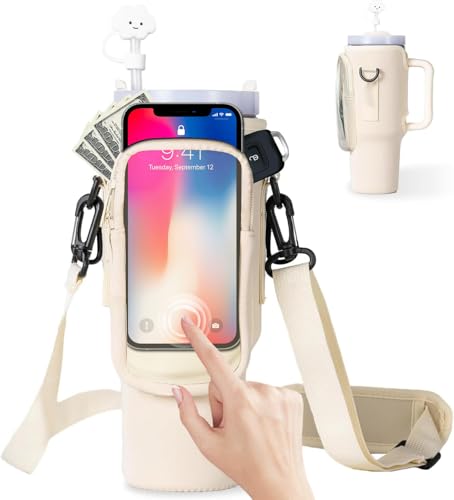 Ohwekit Water Bottle Carrier Bag with Clear Touchscreen Phone Pocket for Stanley 40/30 oz Tumbler, Water Bottle Holder with Adjustable Strap& Straw Cover, Stanley Cup Accessories(Cream)