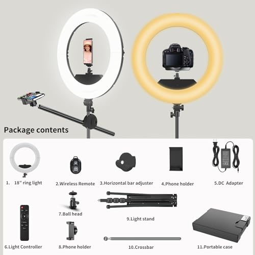 Image of 55W18 45cm Ring Light Kit [New Version] 6700K Dimmable LEDRinglightTripod Stand Dual Phone Holder for iPhone Selfie Makeup LashTattoo Studio Lighting Painting,Photo Video Recording (Black)