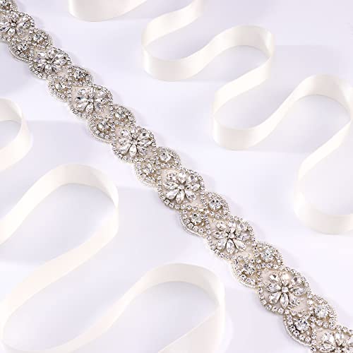 Yanstar Handmade Wedding Bridal Belts And Sashes Silver Crystal Rhinestone Ivory Ribbon For Bridesmaid Prom Gowns #TOP4