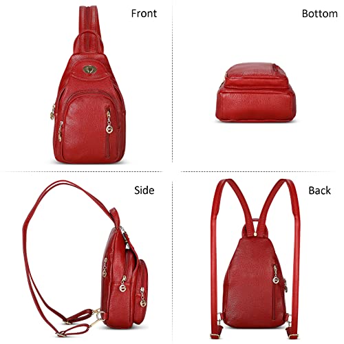 DIRRONA Women Backpacks Casual Daypacks Anti Theft Women's Chest Bag Waterproof Shoulder Bags Handbag PU Leather College Bookbag Work Travel Backpack Red - Image 4