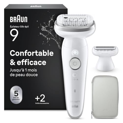 Braun Epilateur Electrique Femme Silk Epil 9, 9-041, Argent – Etanche, sans Fil, Tête Pivotante, Coffret avec Sabot Tondeuse, Embout de Rasage