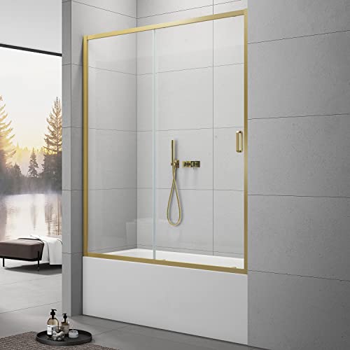 Sunrosa Semi-Frameless Glass Shower Door 59"×60", Single Sliding Shower Door With Handle, Bathtub Shower Door With Tempered Glass, Aluminum Shower Door For Bathtub In Brushed Gold #TOP11
